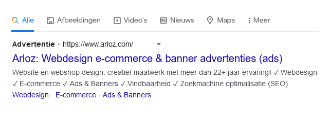 Tekstadvertentie voorbeeld Google ads, Arloz begrippenlijst.